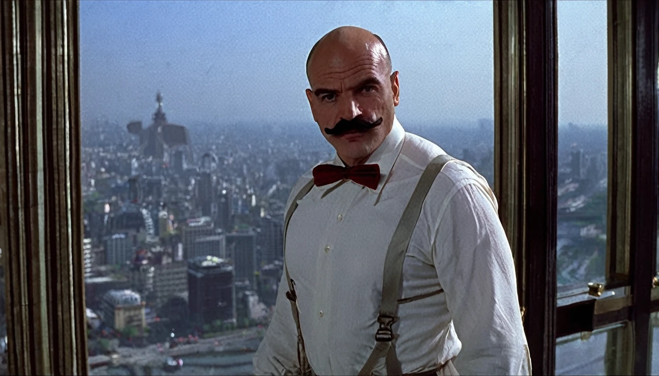 A 50-year-old French man, he is bald on the top of his head, but has (((short hair on the side of his head that he combines with his beard and black mustaches))), (((a thin face and a large chin and very thick eyebrows))). He has a very strong body. He is wearing a long-sleeved white dress shirt and a red bow tie, and light blue dress pants., In a fighting stance holding a shotgun he is near a glass window on a very high floor in a very luxurious apartment, Front view, Ultra Realistic Style, 10k