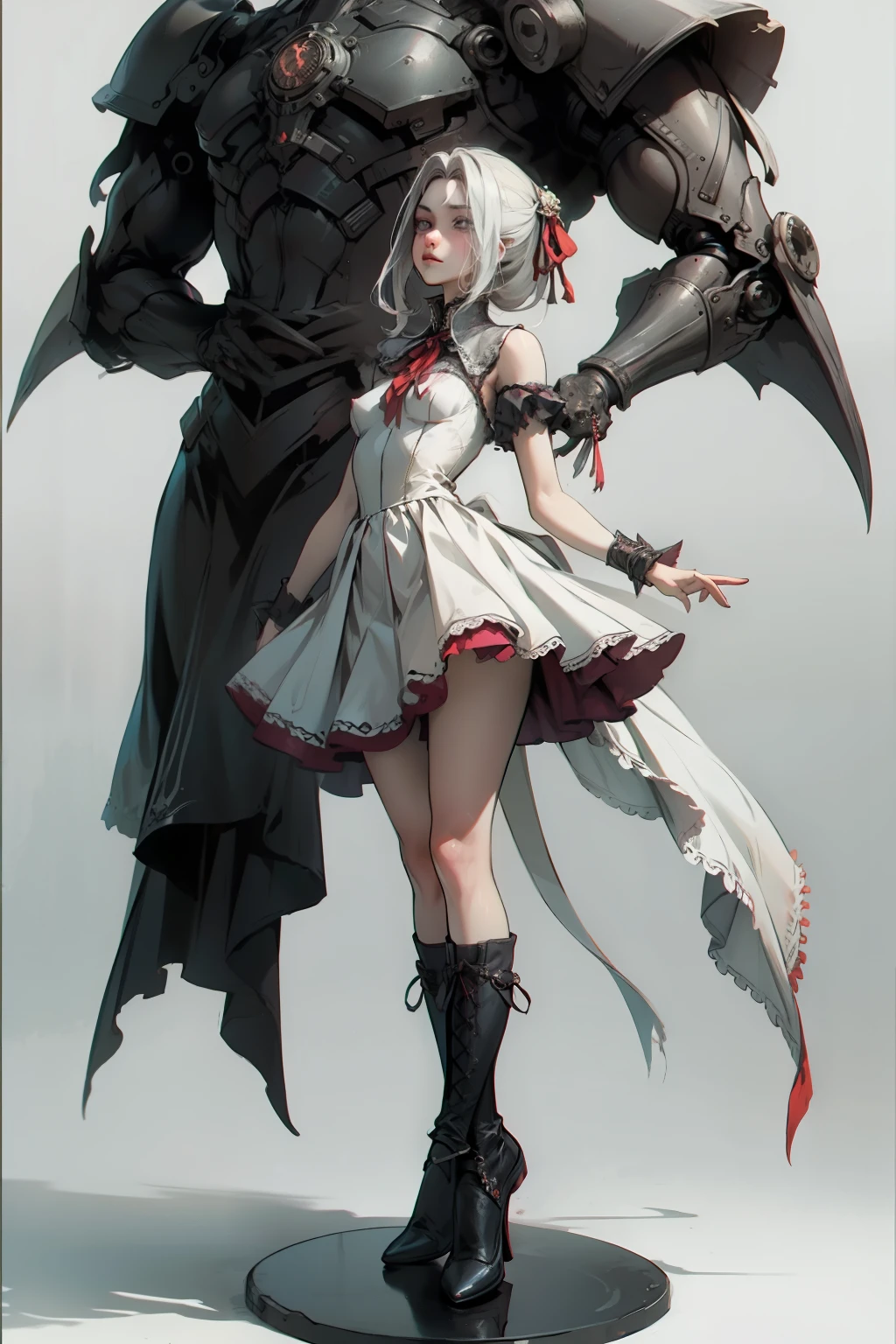 ((best quality)), ((masterpiece)), (detailed), blank white background, plain background, white background, red and white clothing, Bloodborne inspired, occult aesthetic, occult, detailed and intricate steampunk and detailed gothic, NSFW, Very dramatic and cinematic lighting, cosmic horror, grim-dark, side-lighting, perfect face, NSFW, Fluttering lace flared long knee length dress with frilly petticoats, knee length dress, pleated petticoats, lolita dress, petticoats gothic lolita, complex lace boots, side-lighting, gothic lolita aesthetic, wielding a mighty sword with mechanical components, carbine, NSFW, beautiful small breasts, small breasts, full body, whole body, body, plain background, white background, blank background, no background, white background NSFW, full body, whole body, head-to-toe NSFW