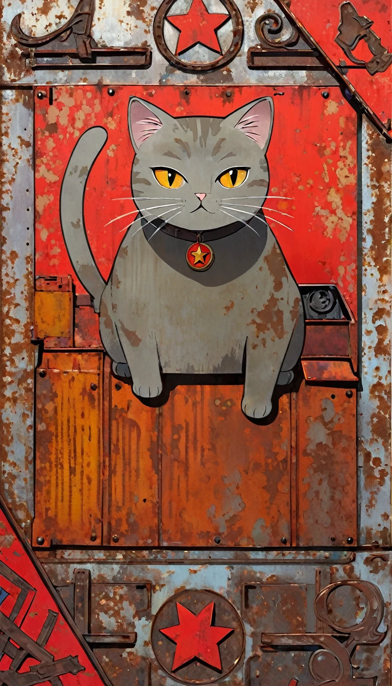 decorative metal sheet, rusty, communist cat