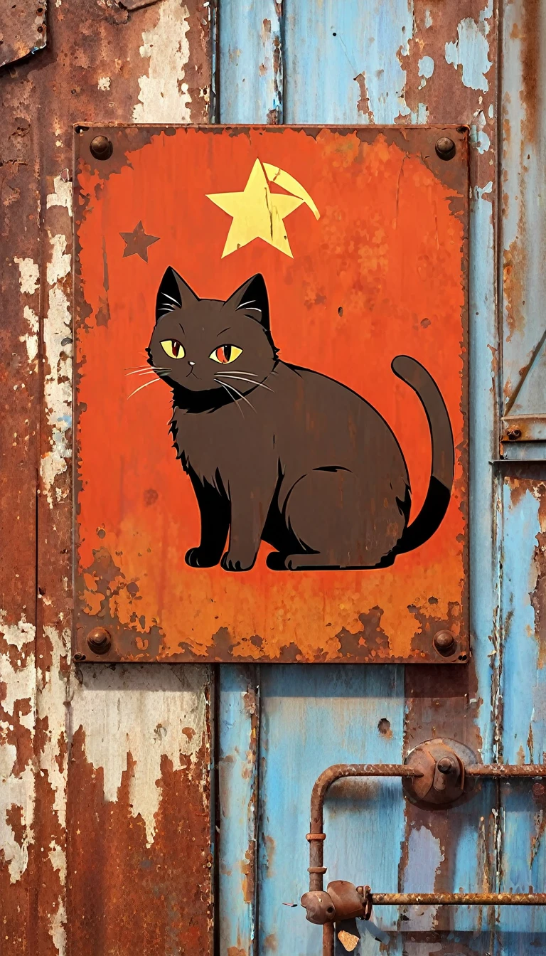 decorative metal sheet, rusty, communist cat