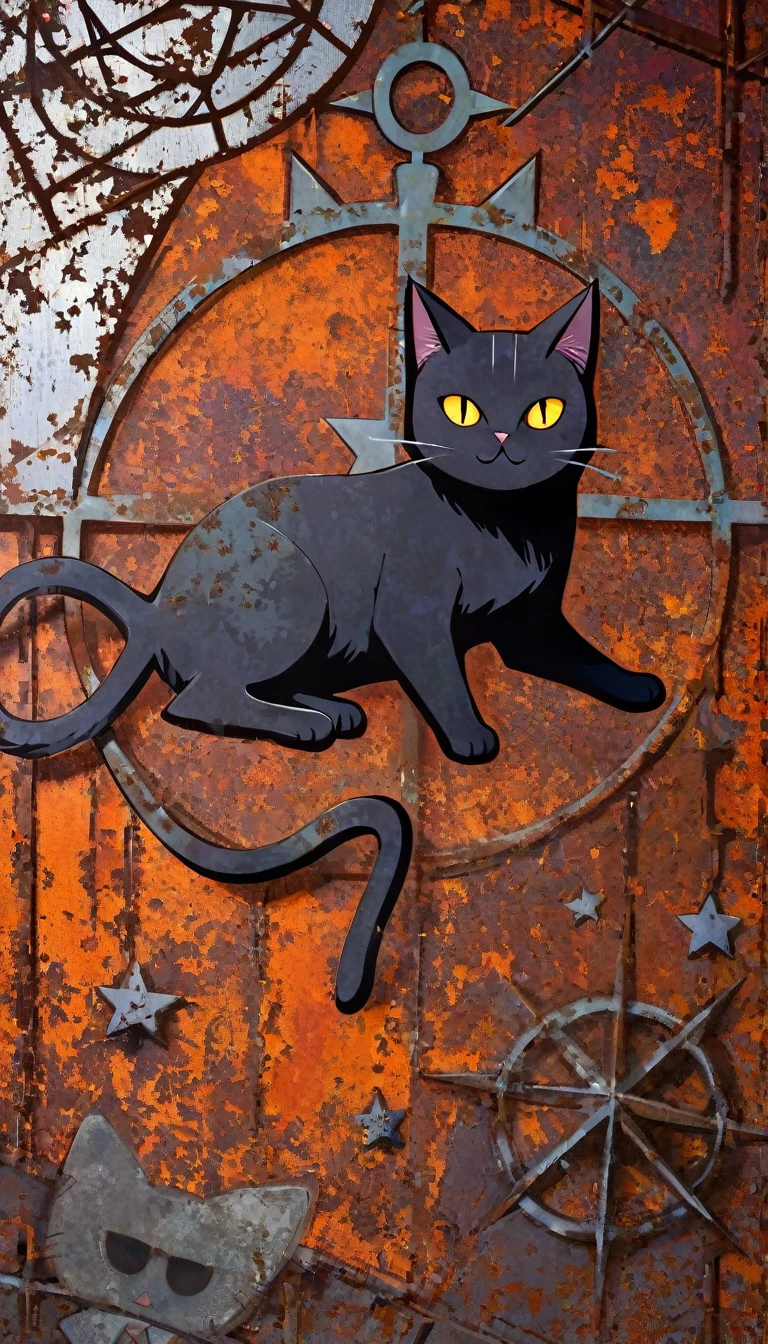 decorative metal sheet, rusty, satanic cat, satanic star