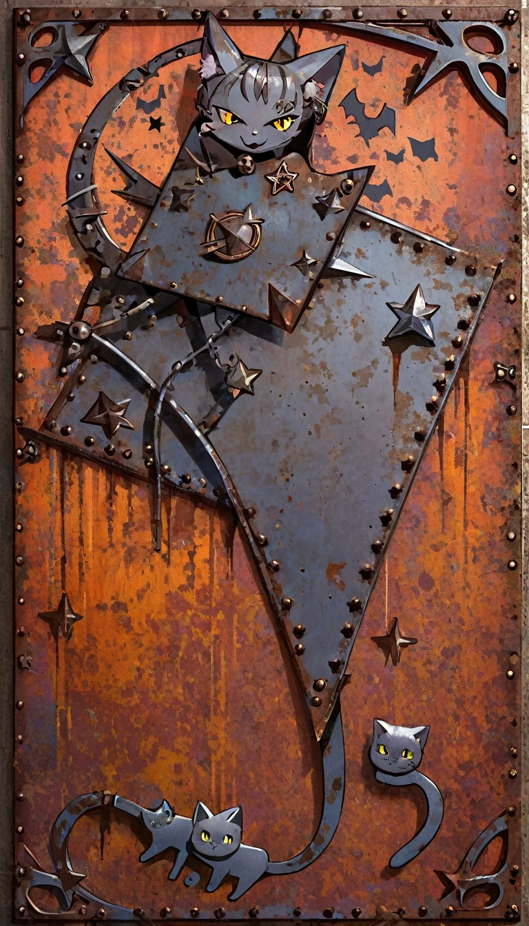 decorative metal sheet, rusty, satanic cat, satanic star
