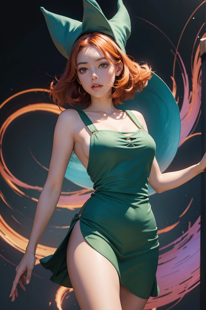 ((Illustration:1.4, UHD, masterpiece, high resolution)), nami from one piece, two tone bright orange hair, perfect face, (wet,sweat), fullbody, masterpiece, kunoichi outfit, mini dress, sleeveless and with a floral pattern, pov, standing up, nude, skirt raised, pussy, wet vagina, nsfw, naked