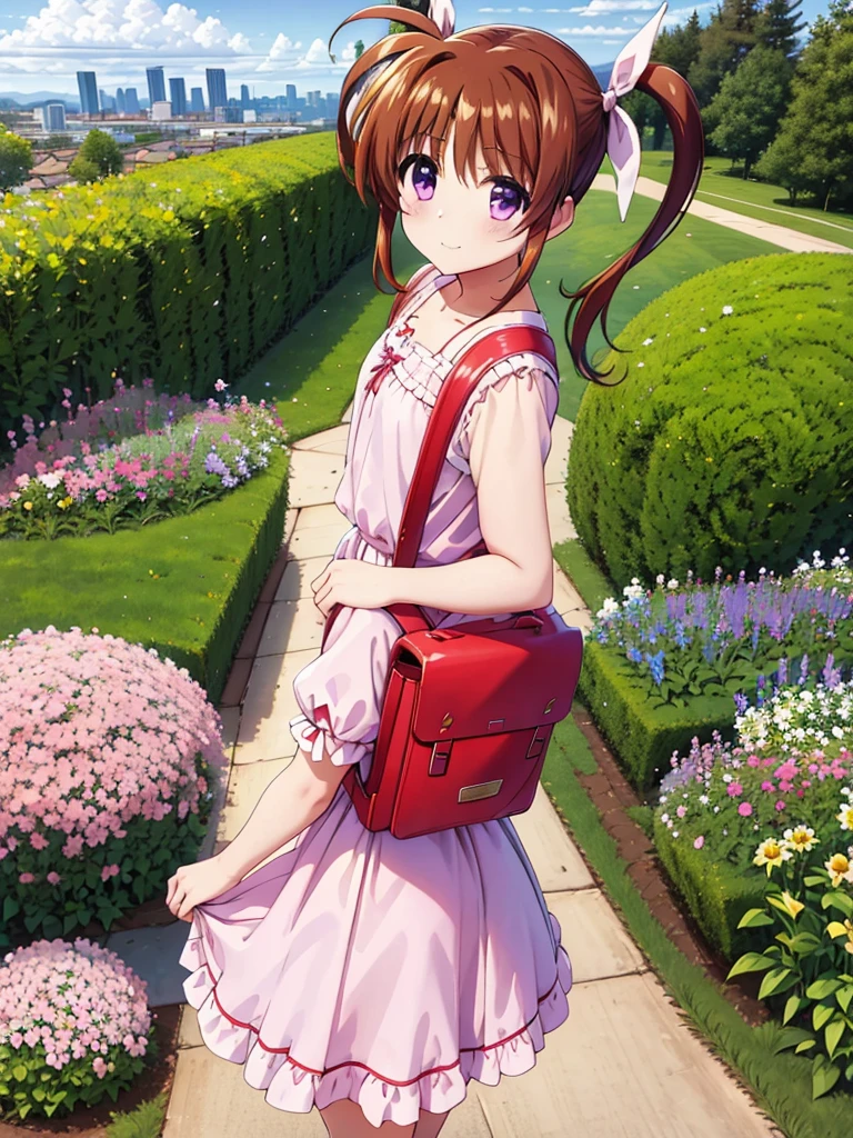 masterpiece, highest quality, Lyrical Nanoha,High resolution, 1 girl, alone, brown hair, Shooting from the side, twin tails、purple eyes, cowboy shot, ruffle dress, tiara, pink dress, city, outdoors, garden, carrying a red school bag, (randoseru backpack:1.0)、 Nanoha