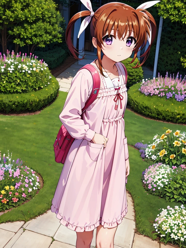 masterpiece, highest quality, Lyrical Nanoha,High resolution, 1 girl, alone, brown hair, Shooting from the side, twin tails、purple eyes, cowboy shot, ruffle dress, tiara, pink dress, city, outdoors, garden, carrying a red school bag, (randoseru backpack:1.0)、 Nanoha