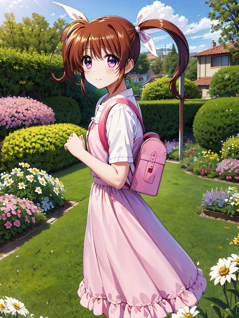 masterpiece, highest quality, Lyrical Nanoha,High resolution, 1 girl, alone, brown hair, Shooting from the side, twin tails、purple eyes, cowboy shot, ruffle dress, tiara, pink dress, city, outdoors, garden, carrying a red school bag, (randoseru backpack:1.0)、 Nanoha