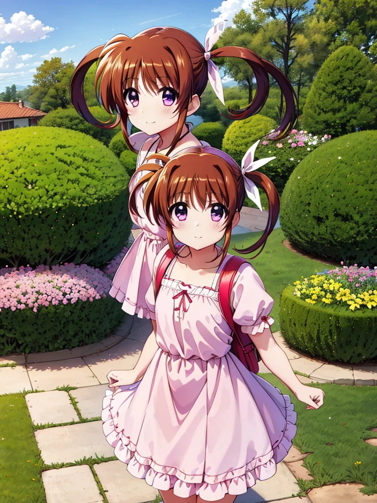 masterpiece, highest quality, Lyrical Nanoha,High resolution, 1 girl, alone, brown hair, Shooting from the side, twin tails、purple eyes, cowboy shot, ruffle dress, tiara, pink dress, city, outdoors, garden, carrying a red school bag, (randoseru backpack:1.0)、 Nanoha