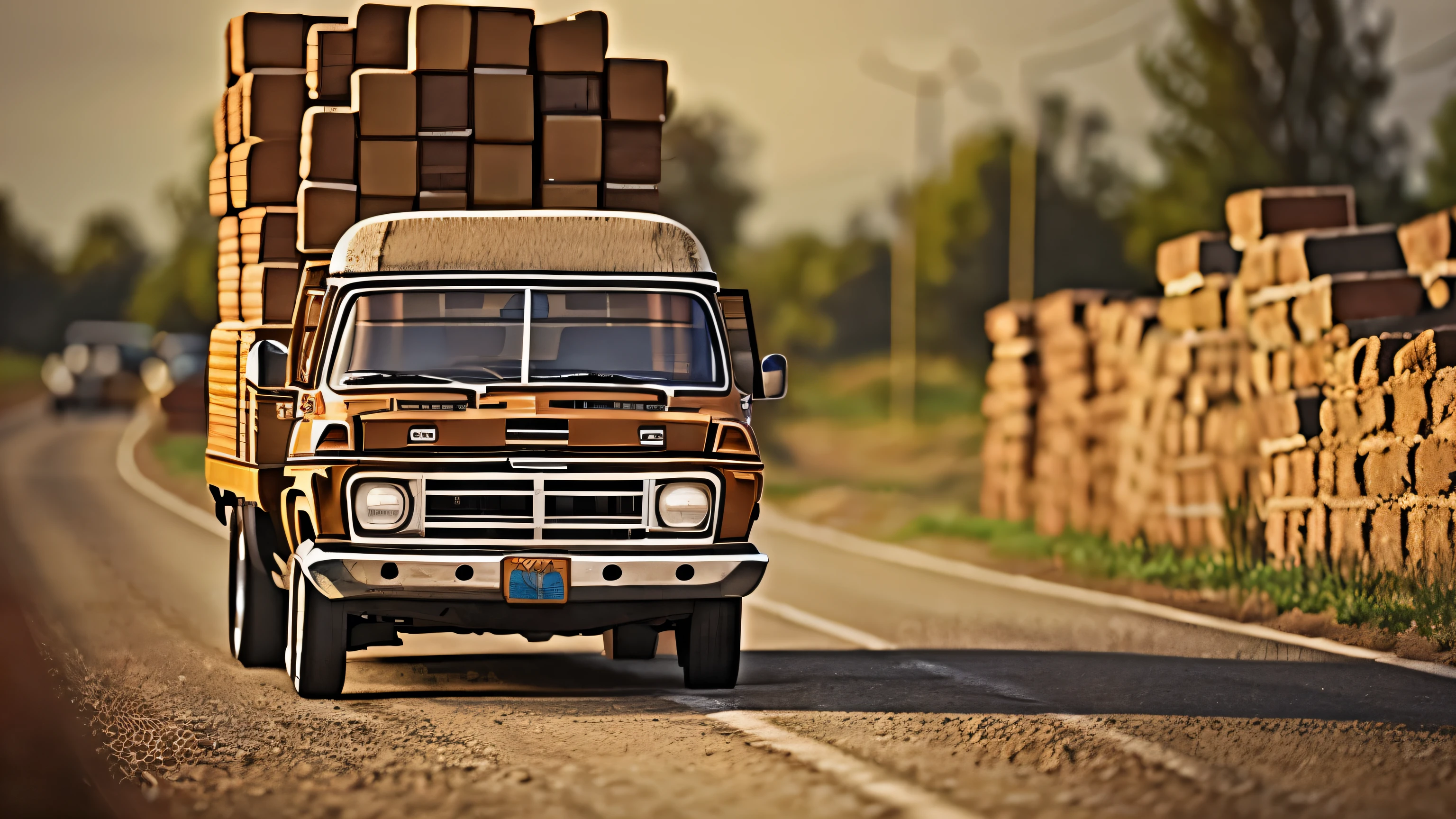 1970s, pick-up truck carrying a load of bricks driving down the road, cinematic action, cinematic lighting, backlighting, masterpiece, anatomically correct, textured skin, super detail, 8k atmospheric perspective, depth of field,