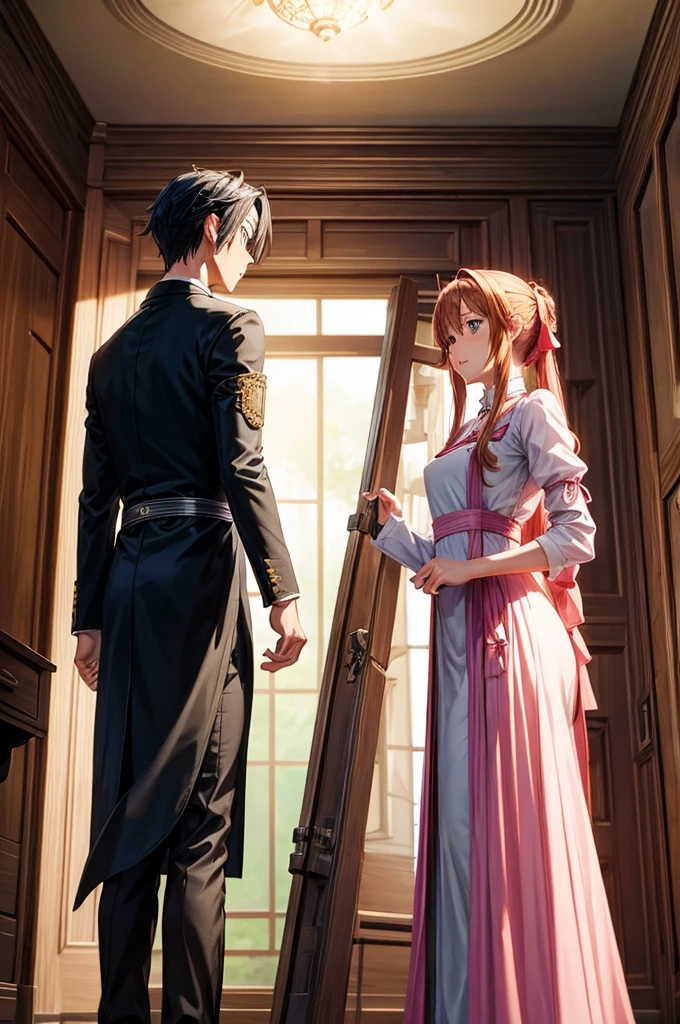 SAO, Kirito in a long dress and apron, Asuna in a suit and pants, both standing in their house, intricate details, hyper-realistic, cinematic lighting, vibrant colors, masterpiece, digital art