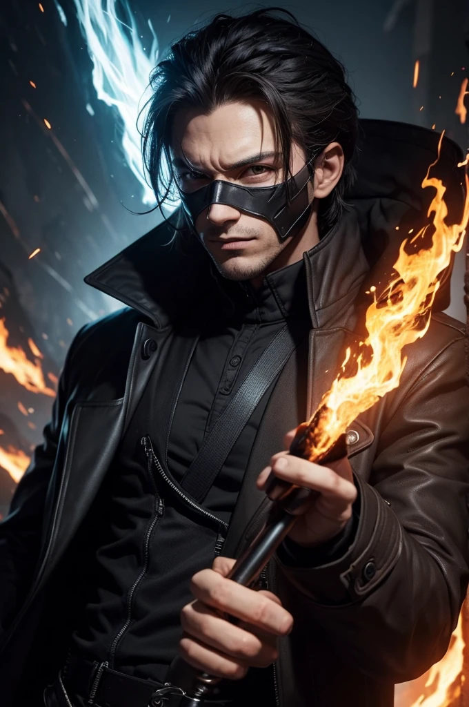 A guy with a coat and a cracked mask in his left hand he has the power of darkness and in his right hand he has the power of fire