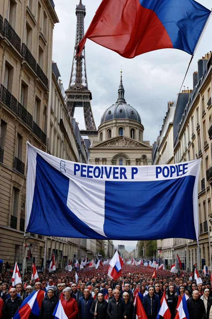Image representing the people of France with a banner reading power by the people for the people