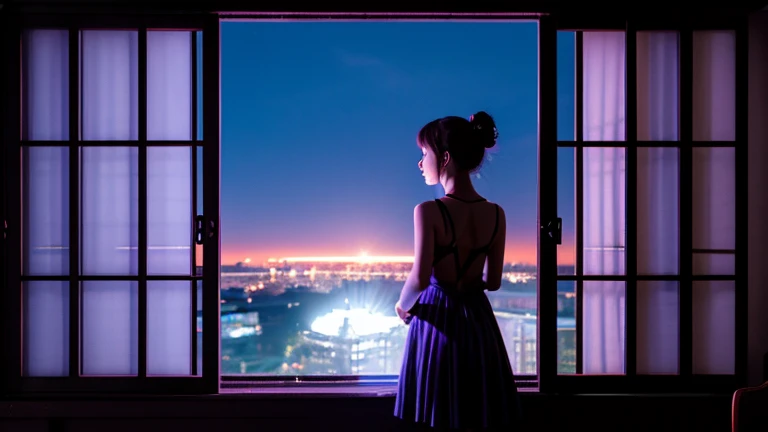 Girl with her back to the audience on the balcony of the apartment, in the background Dark night in the city, full moon and Red, red moonlight with energy flow, silver energy tides, premonition, real scenery, I don't want humans, There's a flow of energy, Anime Very real, clear shades of purple and blue, ultra-high detail Waiting to start