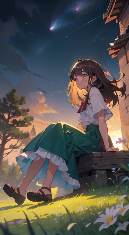 (masterpiece), (best quality), ultra high res, sharp focus, warm pastel tone, ((1 woman, solo)), full body, beautiful detailed hair, chestnut brown hair, long hair tumbles down, beautiful detailed face, green eyes, comfortable face, perfect feminine face, look away, (look at the beautiful night:1.2), in the meadow of lily flowers, sitting on the ground, windy, ((wind skirt))