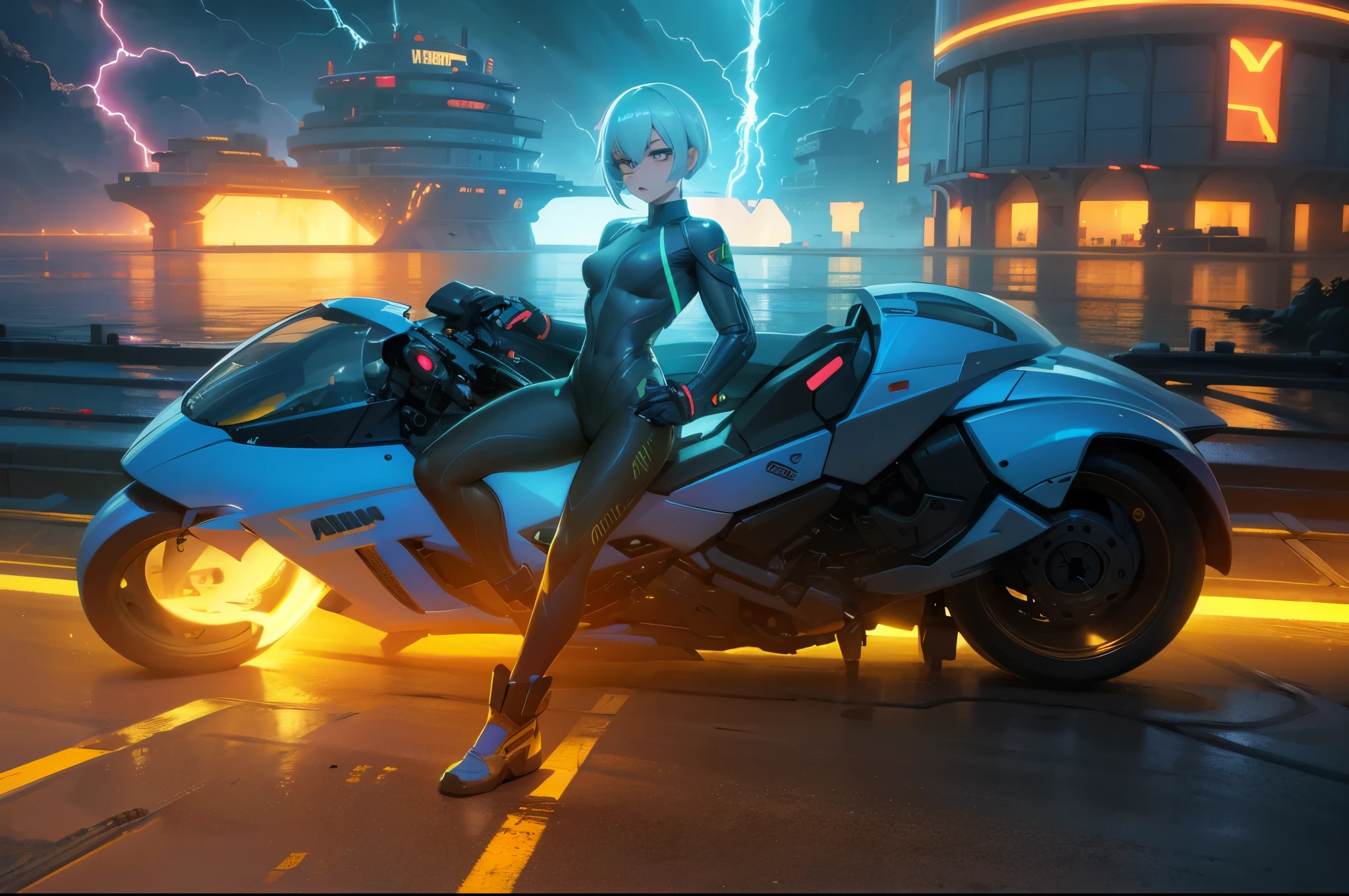 A beautiful young girl with yellow hair, a tight lightning-themed suit, and small breasts, wielding alien thunder weapons in a thunderstorm backdrop, (best quality,4k,8k,highres,masterpiece:1.2),ultra-detailed,(realistic,photorealistic,photo-realistic:1.37),extremely detailed eyes and face,beautiful detailed lips,longeyelashes,lightning effects,dynamic pose,dramatic lighting,vibrant colors,sci-fi,concept art