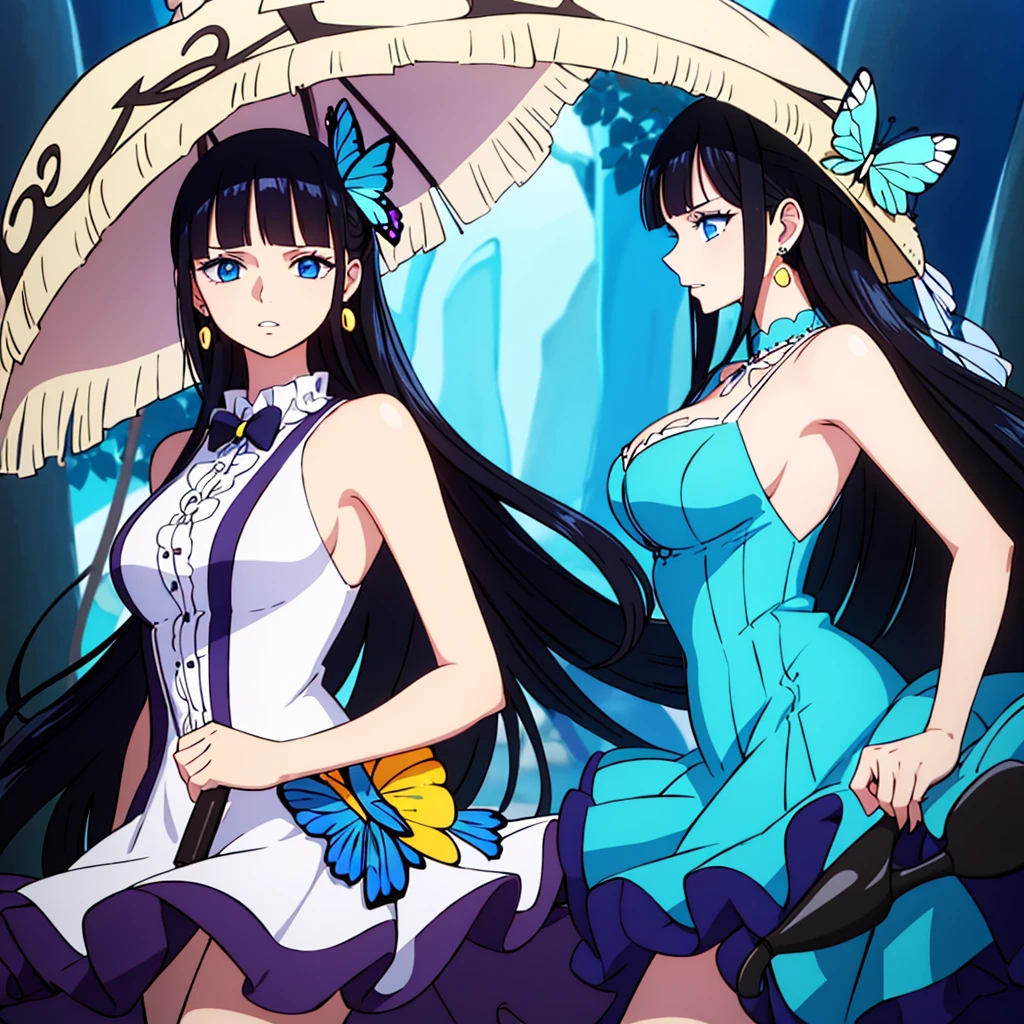 1girl, hat, solo, butterfly, bug, jewelry, earrings, black hair, straw_hat, long_hair, looking_at_viewer, umbrella, holding, bare_shoulders, parted_lips, upper_body, breasts, dress, from_side, shirt, bangs, black_ribbon, flower, blue_eyes, stud_earrings, eyelashes, blue_theme, frills, dress, glowing, hair_between_eyes