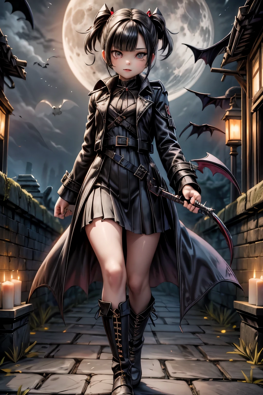 a vampire hunter girl wearing a Black Trench Coat and skirt, intrincated hairstyle, tighhighs, pumps, throwing a knife, ancient ruins at night, castlevania art style, moon, lanterns and candles floating all around the path