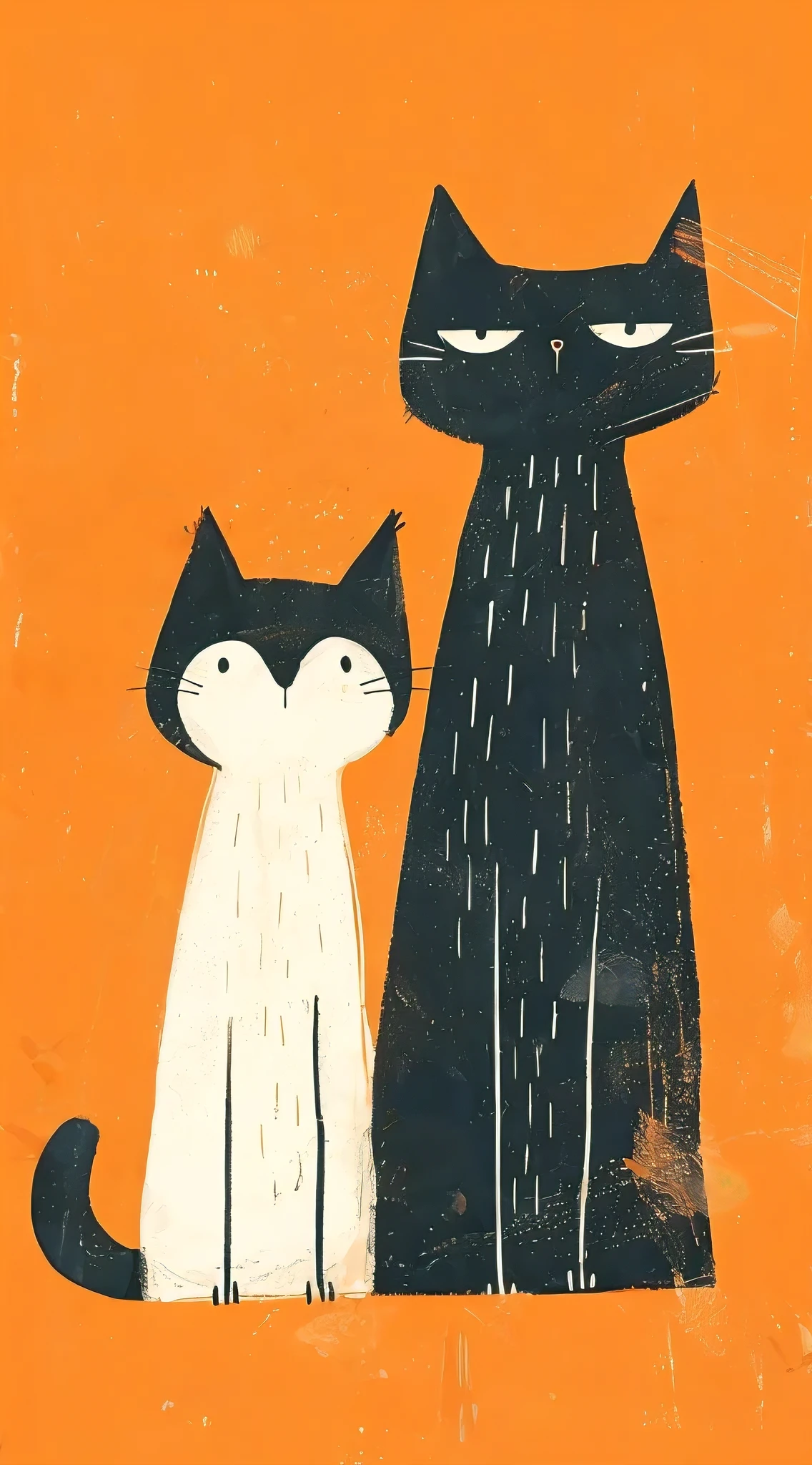 risograph, two cute animals painted by Maud Lewis, very simple composition , abstract art illustration, minimal details, orange background, bold lines, flat illustrations, vector style, hand drawn illustration, simple minimalist style