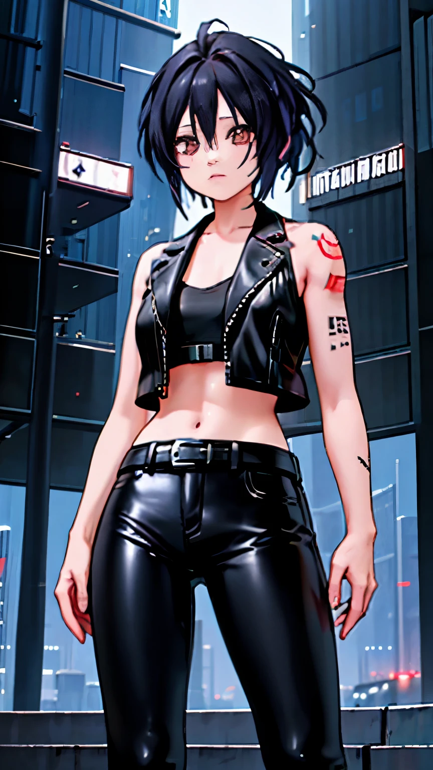 (highest quality),masterpiece,Super detailed,8K, UHD,Beautiful woman,japanese woman,No expression,whole body,((tattoo)),slim,black leather pants,black leather vest,(female mafia),gangster,(cyberpunk city),night,cinematic lightening,underworld