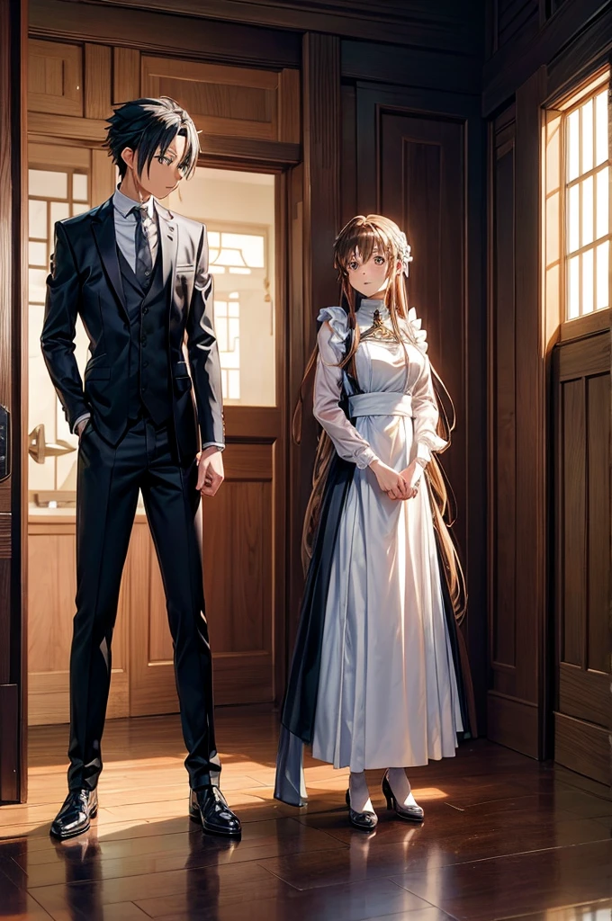 SAO, Sword Art Online, Female Kirito wearing a long dress and apron, Male Asuna wearing suit and pants, both standing in their house
