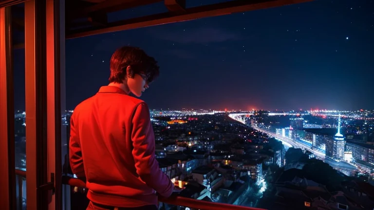 Boy with her back to the audience on the balcony of the apartment, in the background Dark night in the city, full moon and Red, red moonlight with energy flow, silver energy tides, premonition, real scenery, I don't want humans, There's a flow of energy, Anime Very real, clear shades of purple and blue, ultra-high detail Waiting to start