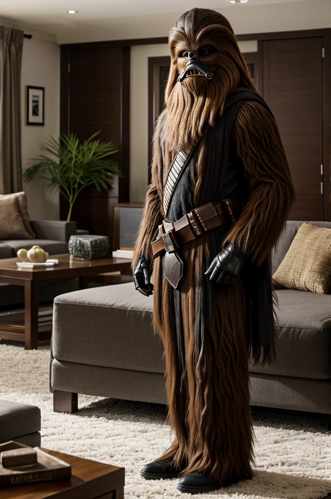 Syar wars wookie posing in a living room