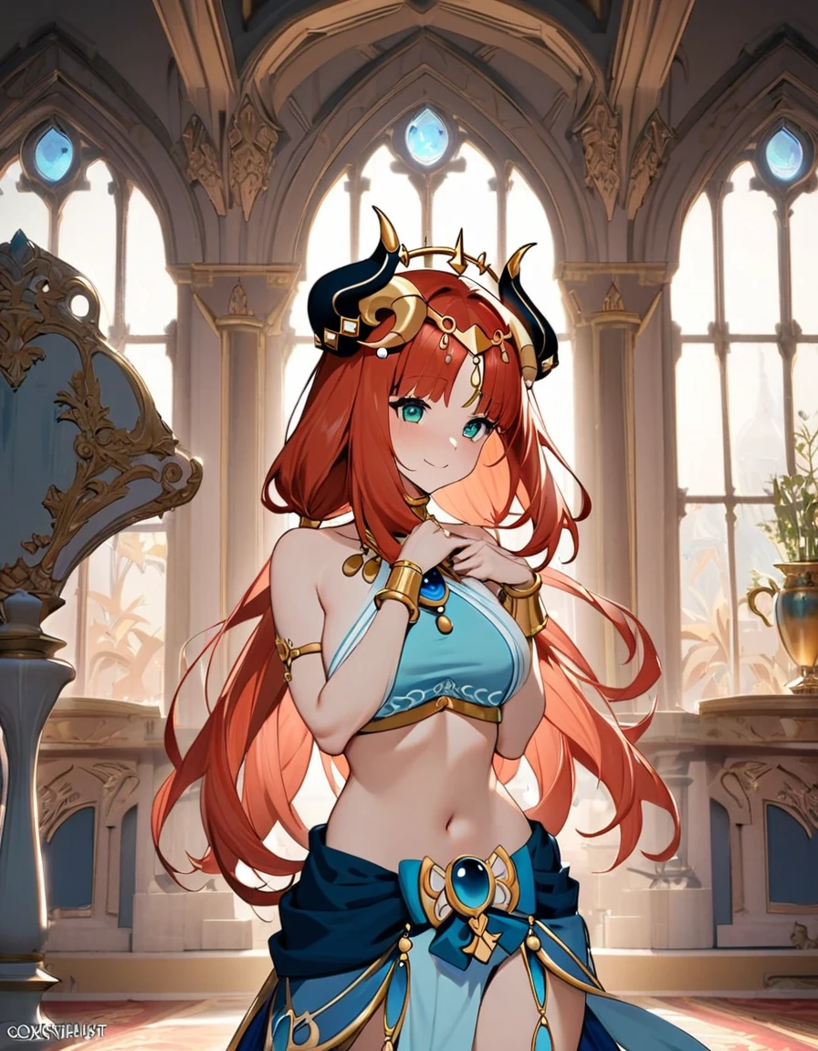 (masterpiece), best quality, expressive eyes, perfect face,Mature female,1 girl (nilou,Genshin impact),(harem outfit,exposed midriff,topless),royal bedroom background,medium breasts,smile,topless,nipple,slim figure,