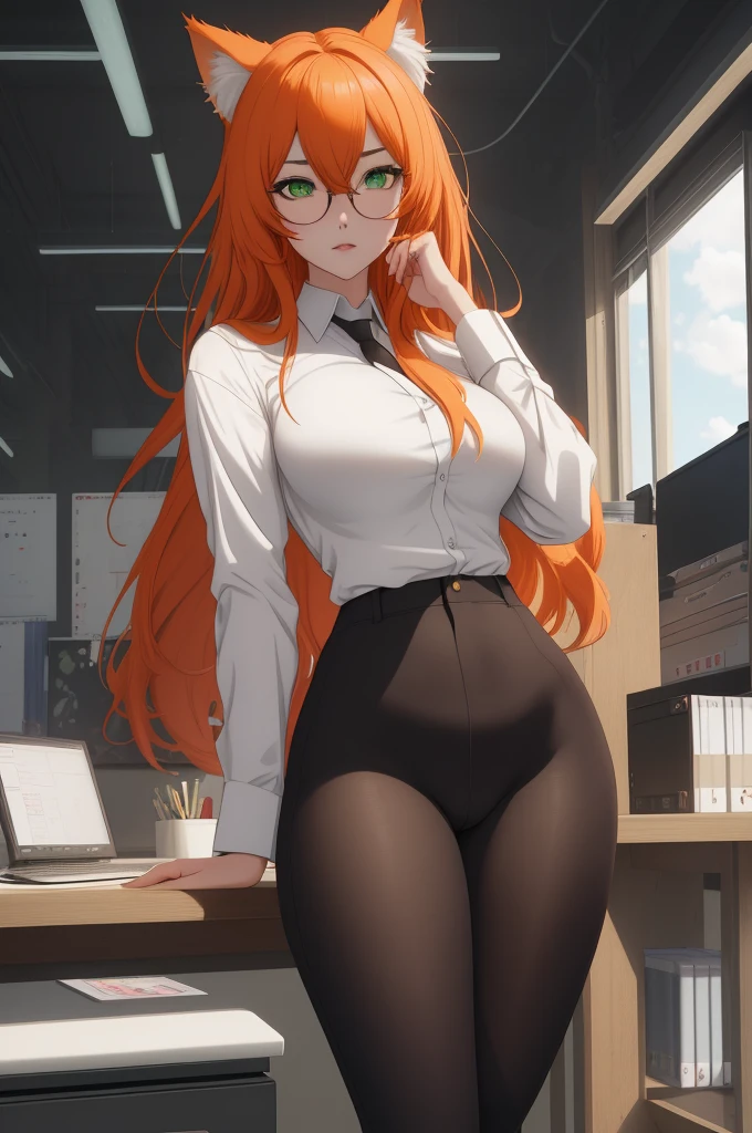(masterpiece, Best quality), 8K, ultra detailed, realistic photo, Detailed face, perfect lighting, green eyes, bright orange hair, bright hair, fox ears, nice legs, side photo, beautiful, Cute, skin pores, 1 girl, perfect shirt, fully dressed, beautiful women 30 years old, Beautiful proportions, Russian woman, Caucasian, European, Business lady, stunningly beautiful woman, mother, thick legs, show ass, big breasts, (Thin white shirt:1.4), thick, hot, (White Office Wear:1.4), tight pants, (wide hips:1.2), thick, (white Office pants:1.3), spread your legs, Legs open, full length, wide hips, Glasses, with long orange hair, standing on the beach near the ocean, green eyes detailed digital anime art, cat ear, anime girl with long hair, гладкое аниме cg art, anime girl with long hair, digital anime art, work in Guweiz style, Beautiful anime portrait, Photorealistic render of an anime girl, pantyhose, Beautiful anime girl, advanced digital anime art, guweiz на artstation pixiv HD UHD HQ
