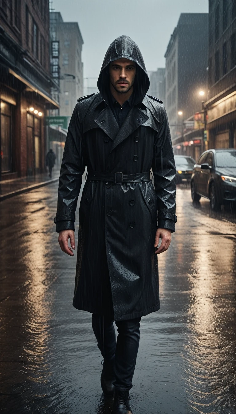 a hooded person in a black trench coat walking in heavy rain, dark moody atmosphere, dramatic lighting, detailed facial features, wet hair, water droplets, cinematic composition, high contrast, gloomy urban environment, (best quality,4k,8k,highres,masterpiece:1.2),ultra-detailed,(realistic,photorealistic,photo-realistic:1.37),cinematic lighting,dramatic shadows,gritty urban landscape,rainy city street,dark and moody,dramatic poses,wet clothes,extreme weather,realistic textures,detailed facial expressions