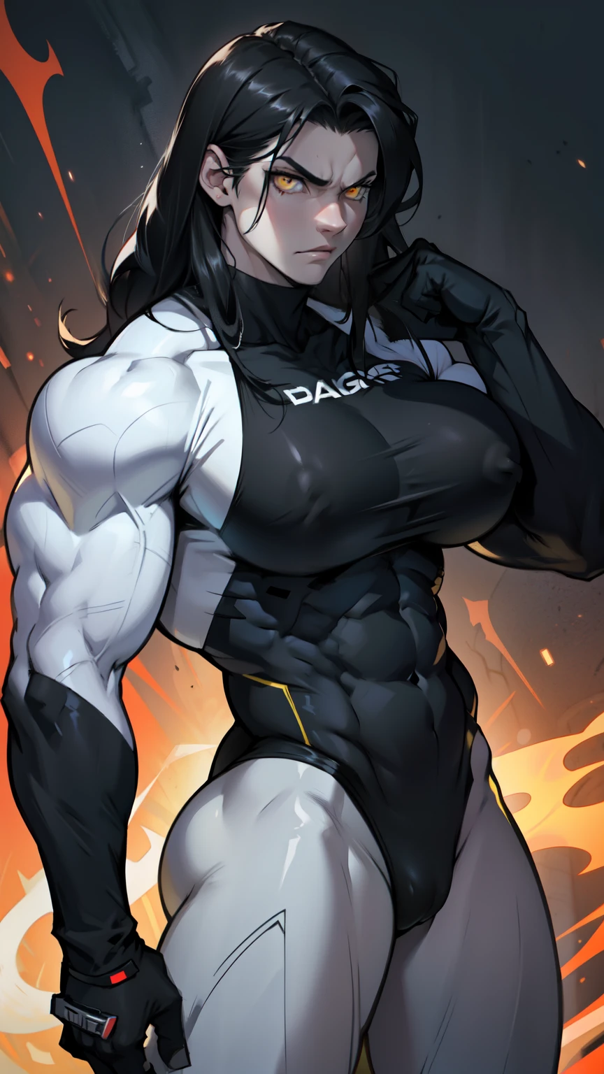 pale skin solo 1 girl black hair yellow eyes angry very long hair dark atmosphere ((huge breasts bodybuilder toned body muscular)) white skinsuit