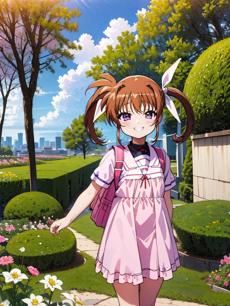 masterpiece, highest quality, Lyrical Nanoha,High resolution, 1 girl, alone, brown hair, , twin tails、purple eyes, cowboy shot, ruffle dress, tiara, pink dress, city, outdoors, garden, carrying a red school bag, (randoseru backpack:1.0)、 Nanoha,6,(pee),grin