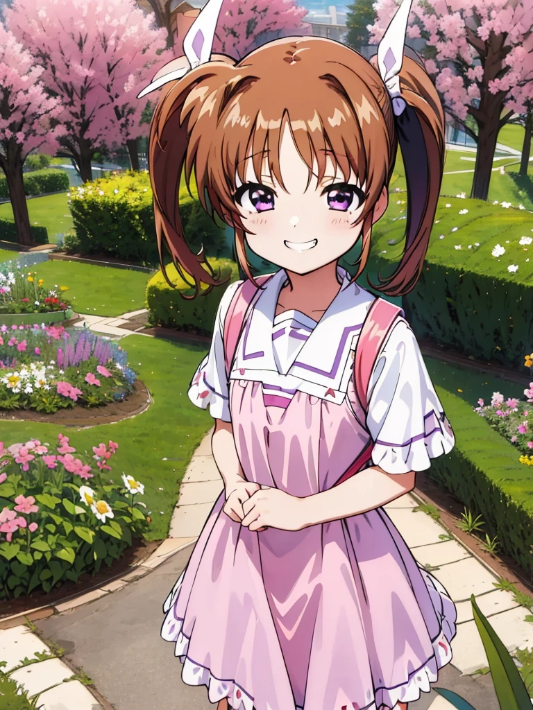 masterpiece, highest quality, Lyrical Nanoha,High resolution, 1 girl, alone, brown hair, , twin tails、purple eyes, cowboy shot, ruffle dress, tiara, pink dress, city, outdoors, garden, carrying a red school bag, (randoseru backpack:1.0)、 Nanoha,6,(pee),grin