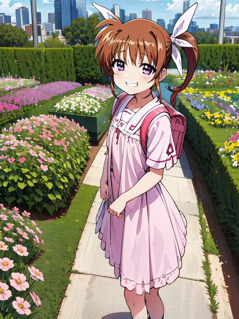 masterpiece, highest quality, Lyrical Nanoha,High resolution, 1 girl, alone, brown hair, , twin tails、purple eyes, cowboy shot, ruffle dress, tiara, pink dress, city, outdoors, garden, carrying a red school bag, (randoseru backpack:1.0)、 Nanoha,6,(pee),grin