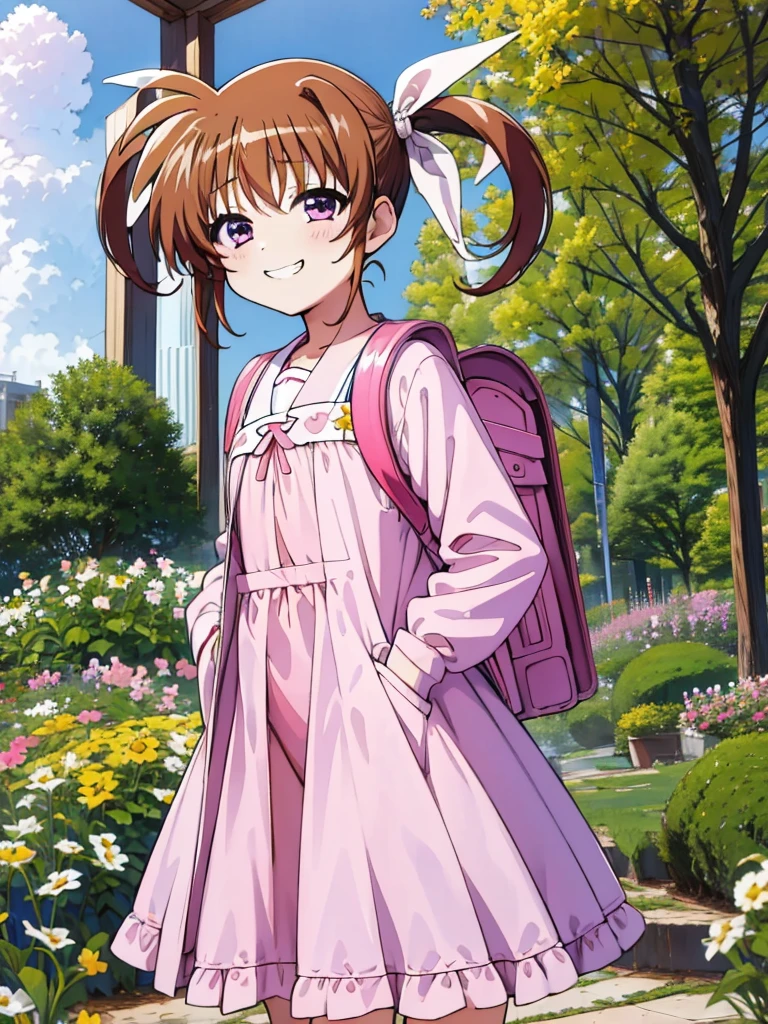 masterpiece, highest quality, Lyrical Nanoha,High resolution, 1 girl, alone, brown hair, , twin tails、purple eyes, cowboy shot, ruffle dress, tiara, pink dress, city, outdoors, garden, carrying a red school bag, (randoseru backpack:1.0)、 Nanoha,6,(pee),grin