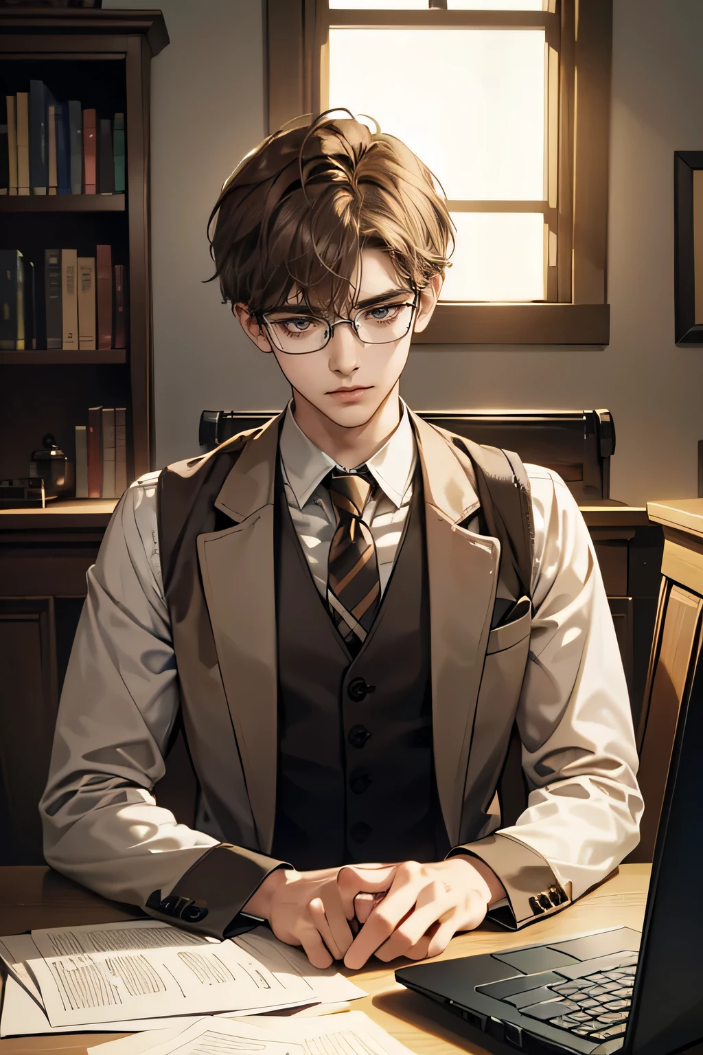 (chedevr, A high resolution, ultra - detailed:1.0), (1 boy, A young man), eyes look at the camera, Ideal male body, extremely detailed computer graphics, 8k wallpaper, complex parts, loner, detailed face,(Brown hair, Brown eyes, White shirt, brown coat,brown suit vest, glasses, Gloomy face, Sitting in front of a laptop, Behind it is a large bookcase., Sitting at your desk, was in the work room), color difference, depth of field, dramatic shadow, ray tracing, Best quality, Cinematic lighting, dark room lighting, official art