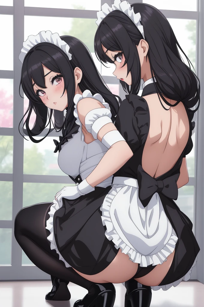 anime girl in a maid outfit with a black and white outfit, bending over, gorgeous maid, anime girl in a maid costume, beautiful anime girl squatting, seductive anime girl, guweiz, small curvy loli, maid outfit, maid dress, clean detailed anime art, lit from behind, maid, thicc, 8k high quality detailed art, ecchi