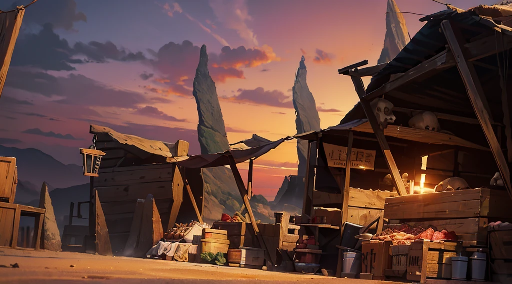 traditional market, butchery, (they sell meats on the table and display case, skull), ((market stalls, market tents)), wooden boxes, wooden basket, wire, ((giant sharp rocks)), sand ground, (dawn time, daybreak sky, dark morning), low angle,