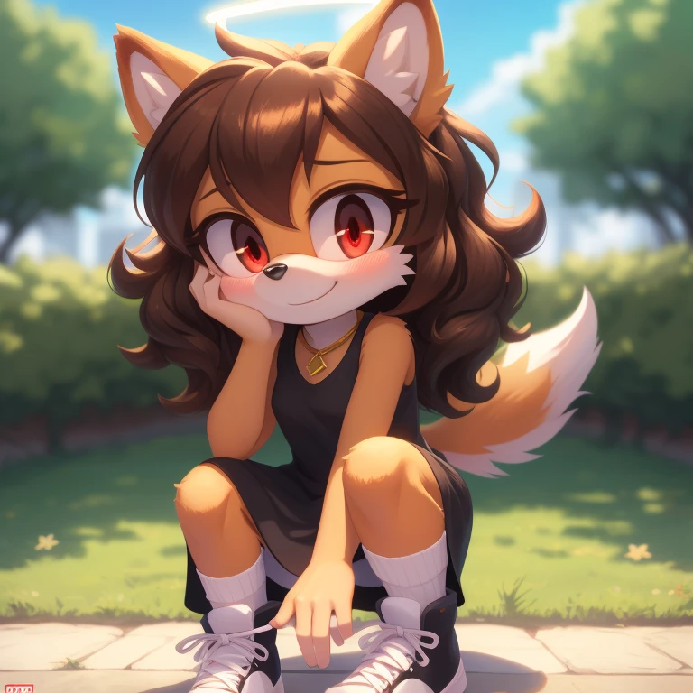 mobian, hedgehog, two-tone fur ((orange fur, brown fur)), pyjama elastic shorts, strapless crop top, cleavage, high-top sneakers, two-tone hair (brown hair, black tip)), curly hair, halo, sunglasses, jewelry, red eyes, longeyelashes, red eyes, smile, shy, blush, high detail, masterpiece, UHD, anatomically correct, super detail, highres, 4K