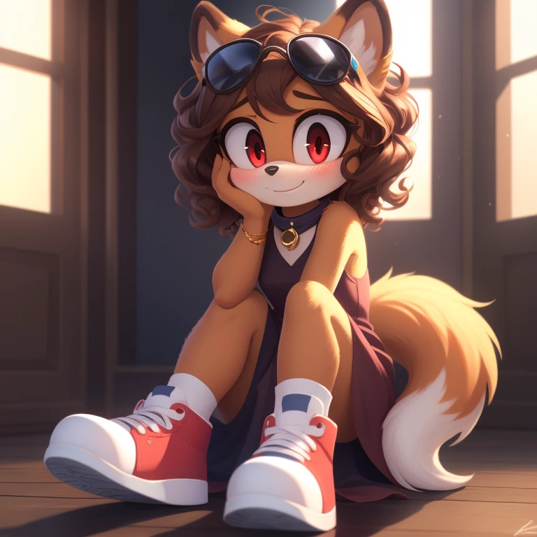 mobian, solo, hedgehog, two-tone fur ((orange fur, brown fur)), halterneck dress, high-top sneakers, small breasts, two-tone hair (brown hair, black tip)), curly hair, halo, sunglasses, jewelry, red eyes, longeyelashes, red eyes, smile, shy, blush, pose, high detail, masterpiece, UHD, anatomically correct, super detail, highres, 4K