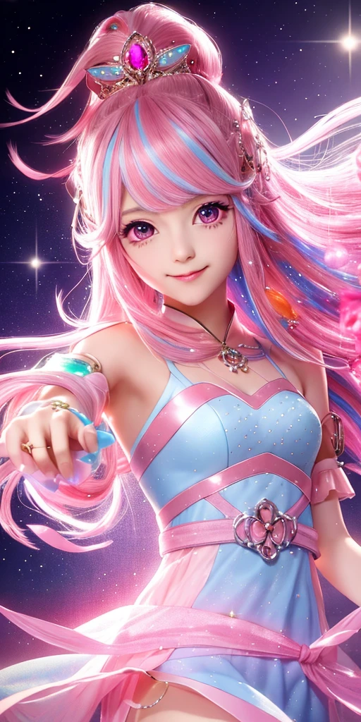 A girl with pink streaks in her hair, YOUNG, in a dress with pink gems, has a pink aura, He is smiling, she is beautiful, has pink eyes, he doesn&#39;t have animal ears, looks like an angel