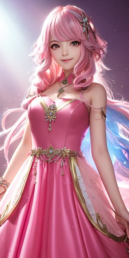 A girl with pink streaks in her hair, YOUNG, in a dress with pink gems, has a pink aura, He is smiling, she is beautiful, has pink eyes, he doesn&#39;t have animal ears, looks like an angel