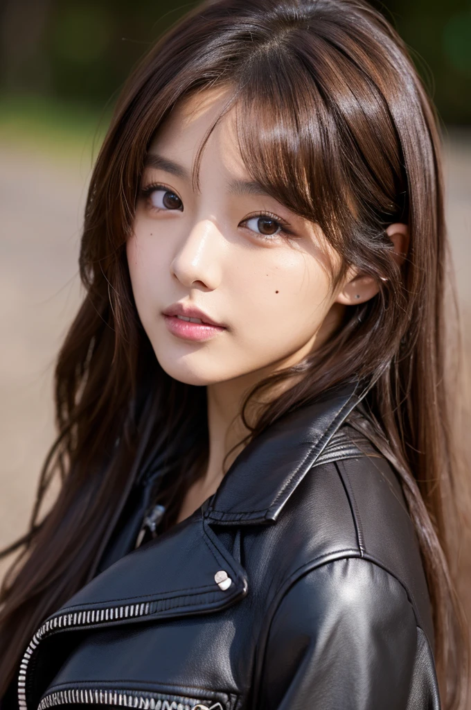 Korean girl with dark brown hair, with dark brown eyes and light skin, with a mole , and a lip piercing, wearing a leather jacket