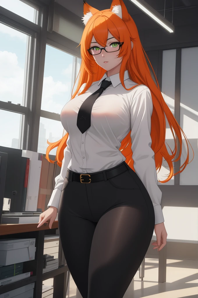 (masterpiece, Best quality), 8K, ultra detailed, realistic photo, Detailed face, perfect lighting, green eyes, bright orange hair, bright hair, fox ears, nice legs, side photo, beautiful, Cute, skin pores, 1 girl, perfect shirt, fully dressed, beautiful women 30 years old, Beautiful proportions, Russian woman, Caucasian, European, Business lady, stunningly beautiful woman, mother, thick legs, show ass, big breasts, (Thin white shirt:1.4), thick, hot, (White Office Wear:1.4), tight pants, (wide hips:1.2), thick, (white Office pants:1.3), spread your legs, Legs open, full length, wide hips, Glasses, with long orange hair, standing on the beach near the ocean, green eyes detailed digital anime art, cat ear, anime girl with long hair, гладкое аниме cg art, anime girl with long hair, digital anime art, work in Guweiz style, Beautiful anime portrait, Photorealistic render of an anime girl, pantyhose, Beautiful anime girl, advanced digital anime art, guweiz на artstation pixiv HD UHD HQ