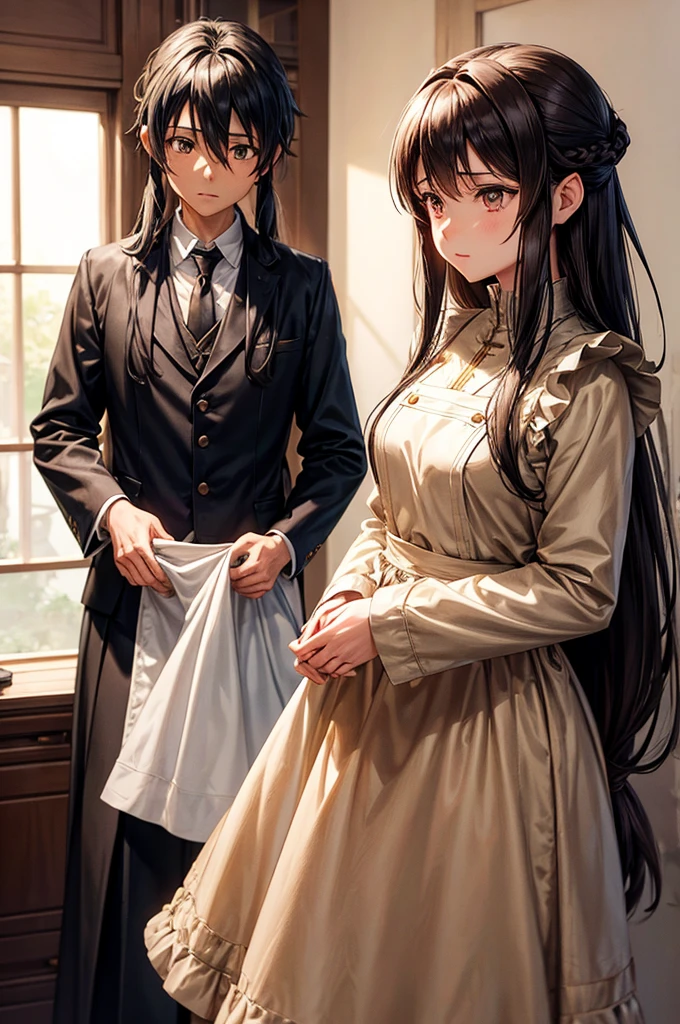 SAO, Sword Art Online, Kirito wearing a long dress and apron, Asuna wearing suit and pants, both standing in their house