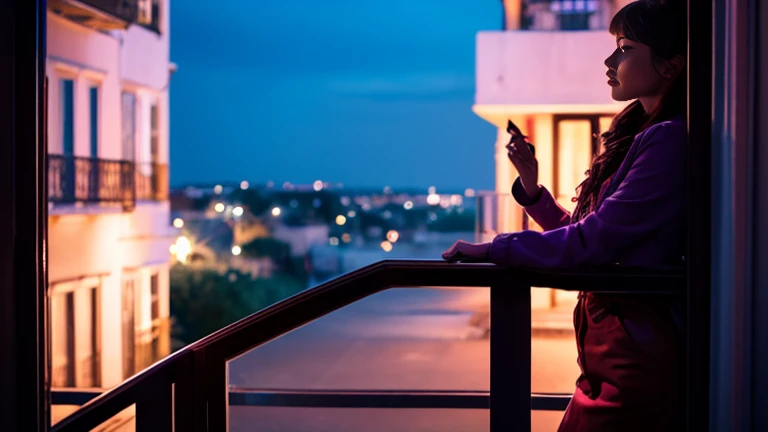 Girl with her back to the audience sitting on the chair on the balcony of the apartment, in the background Dark night in the city, full and red moonlight, red moonlight with energy flow, silver energy tides, premonition, real scenery, I don't want humans, There's a flow of energy, Anime Very real, clear shades of purple and blue, ultra-high detail Waiting to start