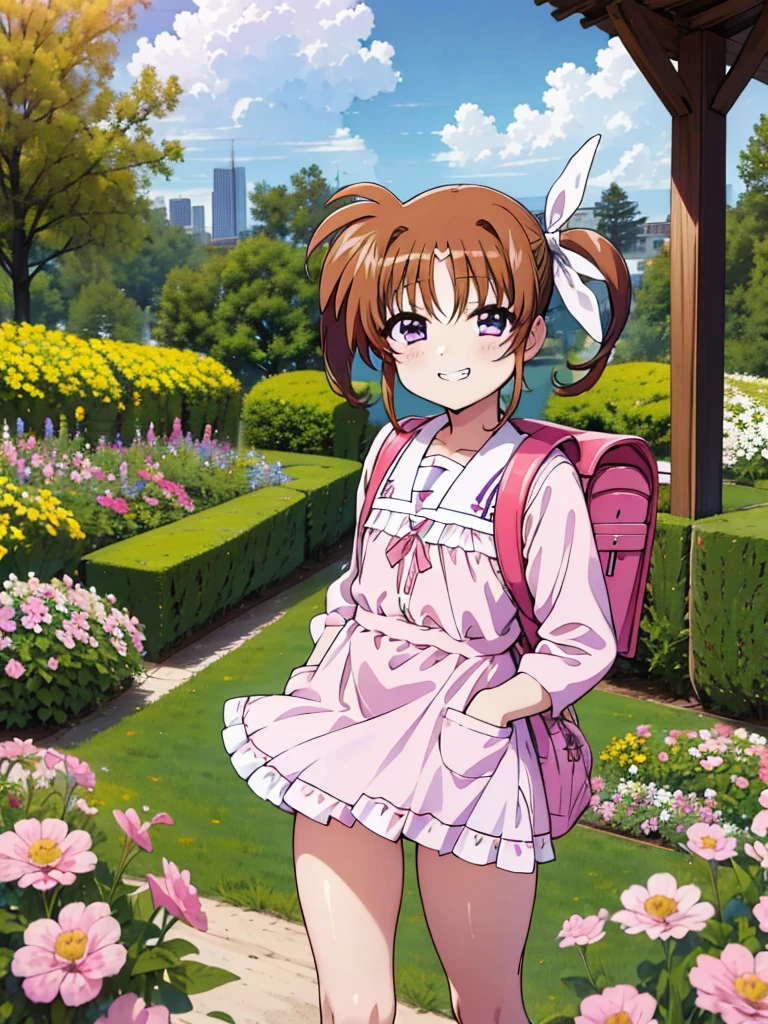 masterpiece, highest quality, Lyrical Nanoha,High resolution, 1 girl, alone, brown hair, , twin tails、purple eyes, cowboy shot, ruffle dress, tiara, pink dress, city, outdoors, garden, carrying a red school bag, (randoseru backpack:1.0)、 Nanoha,6yo,(petite),grin,miniskirt,thigh,nsfw