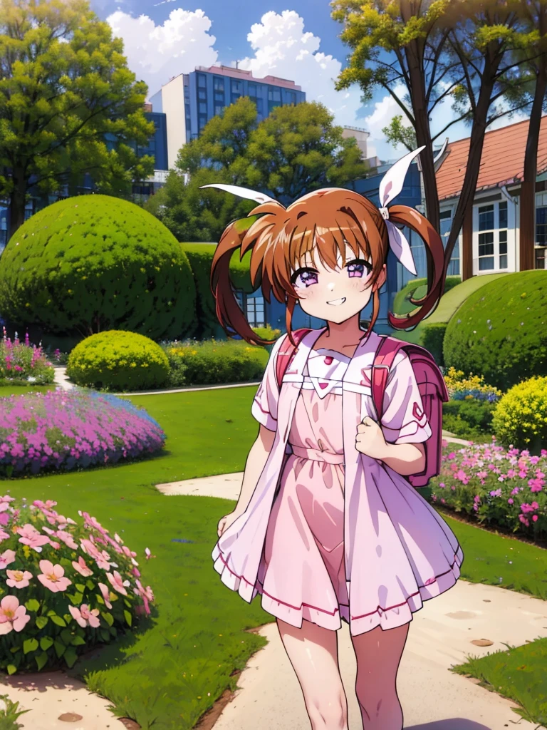 masterpiece, highest quality, Lyrical Nanoha,High resolution, 1 girl, alone, brown hair, , twin tails、purple eyes, cowboy shot, ruffle dress, tiara, pink dress, city, outdoors, garden, carrying a red school bag, (randoseru backpack:1.0)、 Nanoha,6,(pee),grin,miniskirt,thigh,nsfw