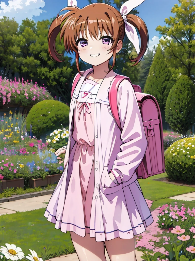 masterpiece, highest quality, Lyrical Nanoha,High resolution, 1 girl, alone, brown hair, , twin tails、purple eyes, cowboy shot, ruffle dress, tiara, pink dress, city, outdoors, garden, carrying a red school bag, (randoseru backpack:1.0)、 Nanoha,6yo,(petite),grin,miniskirt,thigh,nsfw