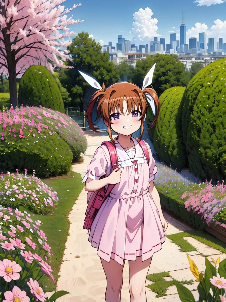 masterpiece, highest quality, Lyrical Nanoha,High resolution, 1 girl, alone, brown hair, , twin tails、purple eyes, cowboy shot, ruffle dress, tiara, pink dress, city, outdoors, garden, carrying a red school bag, (randoseru backpack:1.0)、 Nanoha,6,(pee),grin,miniskirt,thigh,nsfw