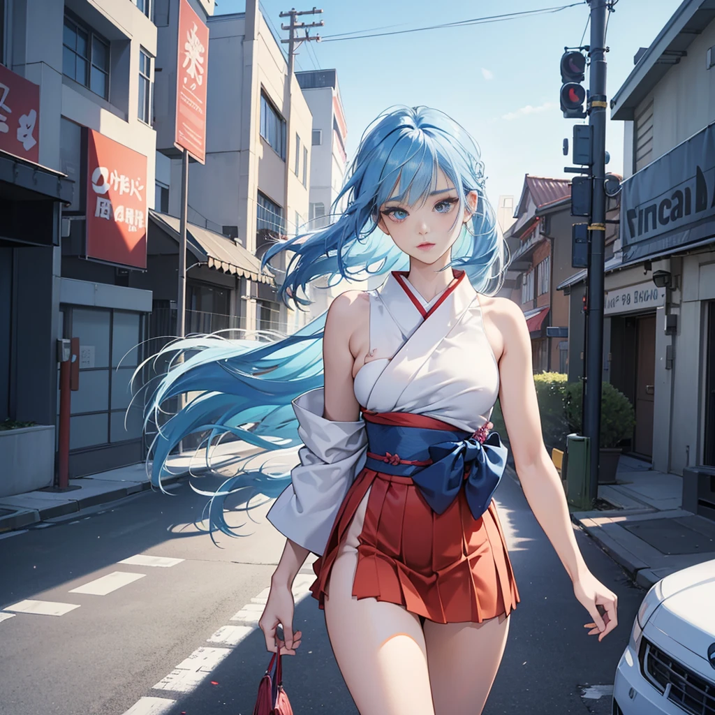 (nsfw, explicit content, viewer discretion advised), Anime School Girl, Sporting a Sexy Outfit, Wearing a Short Kimono, with Bare Arms, Bare Back, and Bare Shoulders, Strutting confidently, Long Hair flowing behind, Light Blue Hair with Stunning Blue Eyes, Catching the Viewer's Gaze as she walks by.