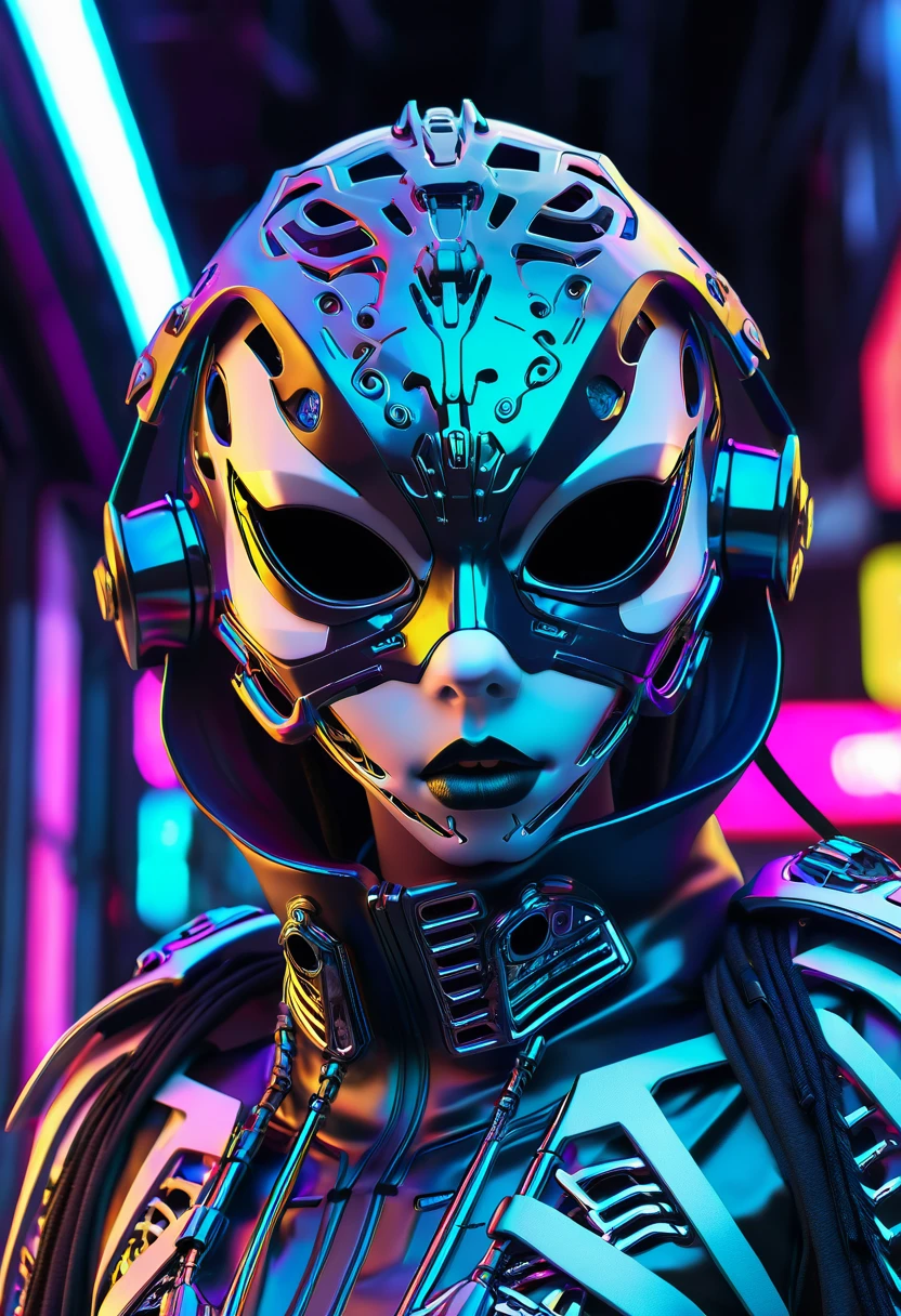 a teenage fashion model wearing an exo-skeleton mask, vibrant colors, futuristic cyberpunk style, intricate details, cinematic lighting, dramatic pose, sharp focus, hyper realistic, 8k, masterpiece